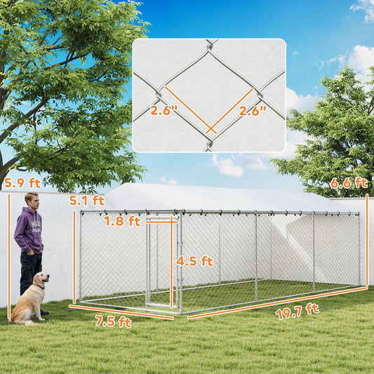 Large dog kennel with chain link fencing and covered roof in backyard