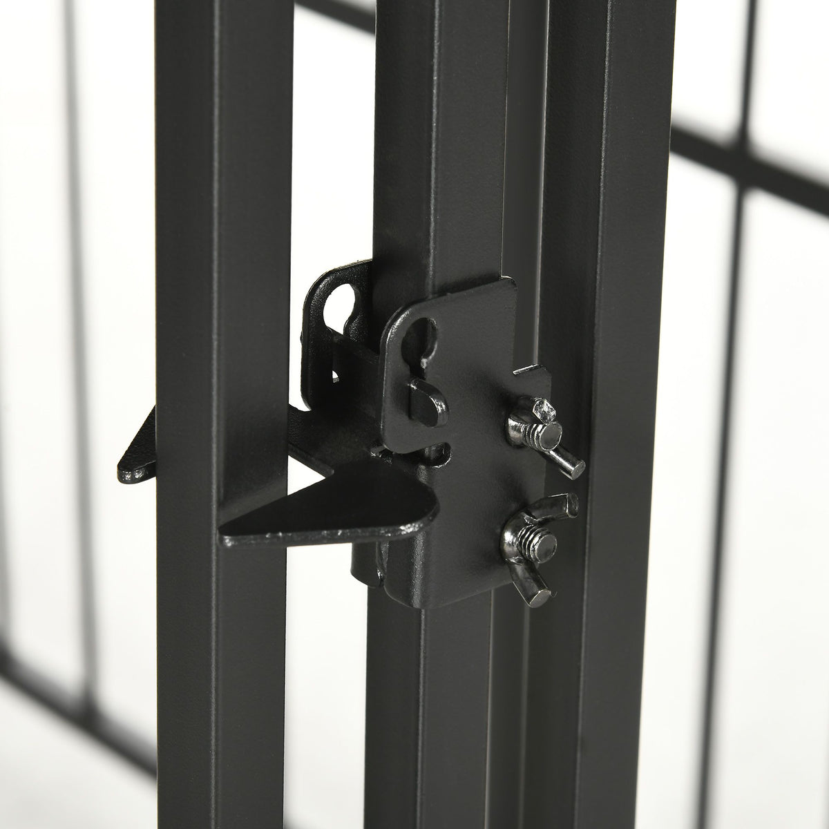 Spring button clip, metal wire mesh, metal pipe, and door lock detail — outdoor dog