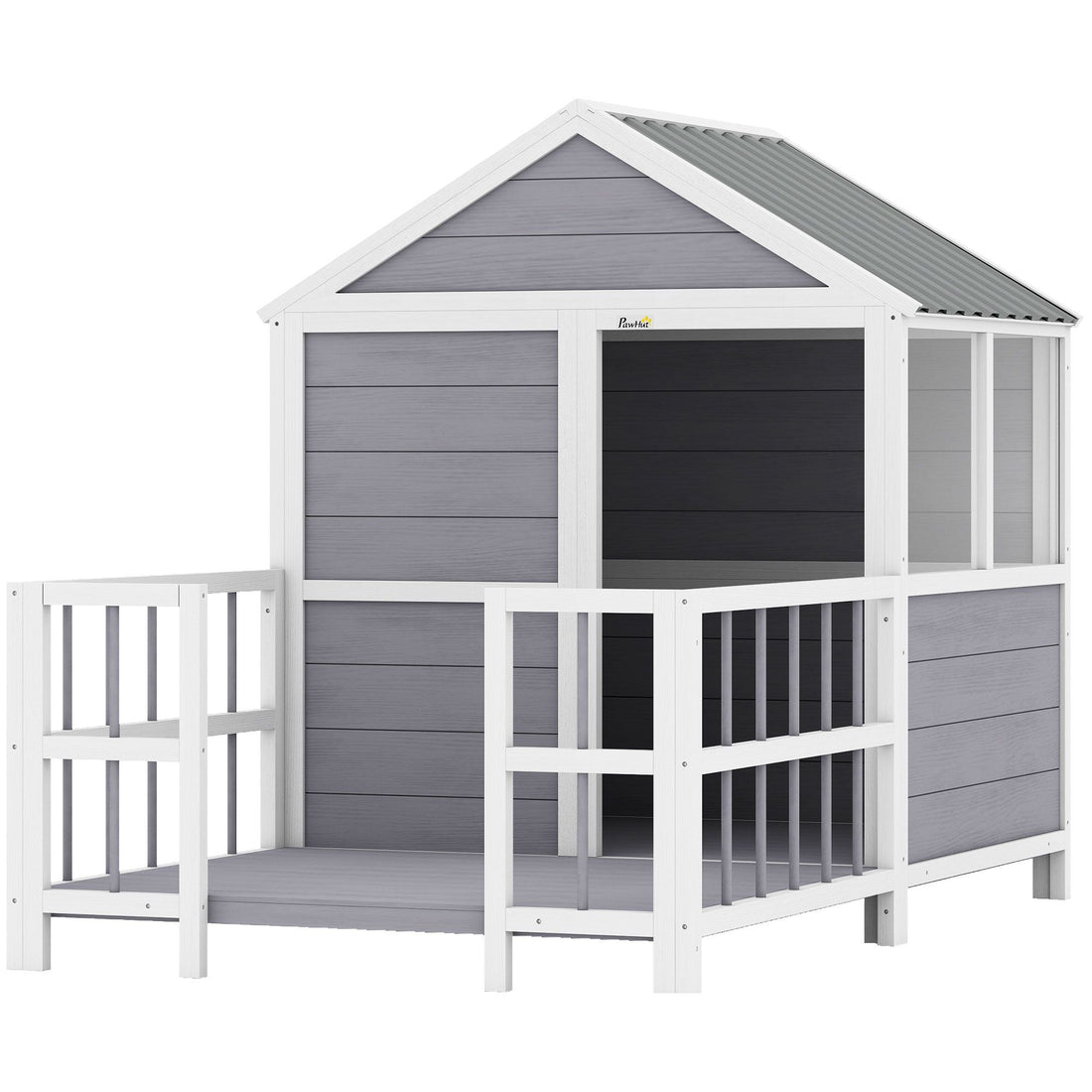 Happy dog sitting in front of a wooden outdoor dog house in a sunny backyard